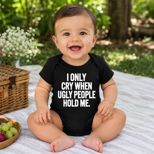 Vista 7 de AW Fashions - Pañalero "I Only Cry When Ugly People Hold Me" gracioso y lindo para bebé niña o niño Negro