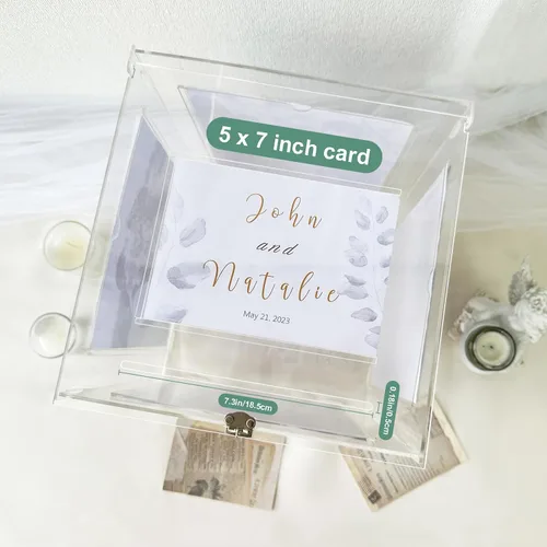Vista 3 de OurWarm Caja de tarjetas de boda de acrílico con marco de fotos para fotos de 8 x 10 pulgadas, soporte grande giratorio para caja de regalo