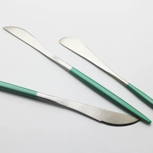 Vista 7 de JASHII Matte Modern - Juego de cubiertos de acero inoxidable 304 con mango redondo verde, juego completo de lujo que incluye cuchillo