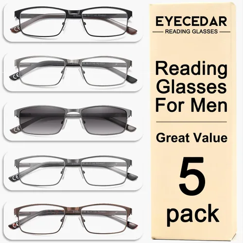 Vista 5 de EYECEDAR Paquete de 5 lentes de lectura para hombre, marcos de metal ultrafinos, bisagras de resorte, lectores para hombres 1.0