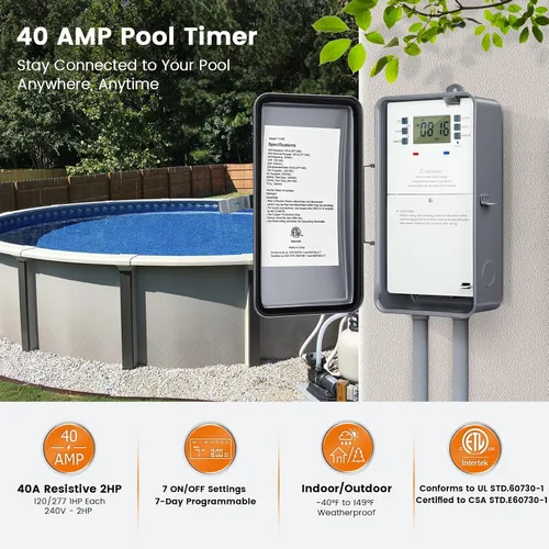Vista 2 de SURAIELEC Temporizador para alberca, temporizador digital de 7 días y 24 horas para bomba de piscina, 40 AMP de servicio pesado, 120/240/277 VAC