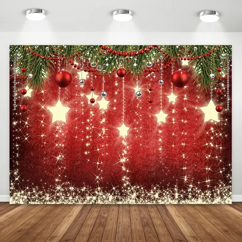 Vista 3 de Telón de fondo rojo de Navidad de 7x5 pies con estrellas brillantes para fotos, telón de fondo de Navidad con estrellas brillantes para decoraciones
