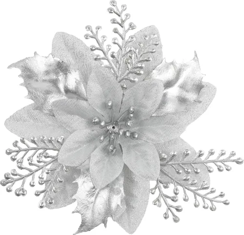 Vista 10 de 24 piezas de flores de Pascua doradas de 6 pulgadas para decoraciones de árbol de Navidad - Flores artificiales para adornos de árbol de Navidad