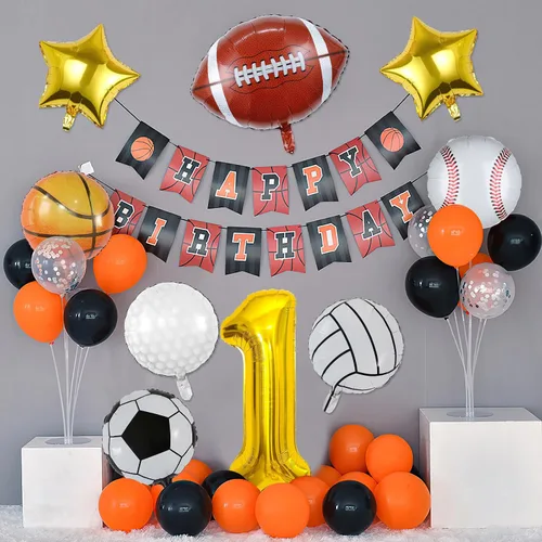 Vista 5 de 9 globos deportivos, fútbol, baloncesto, béisbol, voleibol, golf y fútbol, globo de aluminio de Mylar con número de cumpleaños deportivo