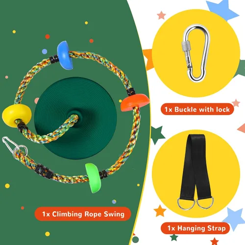 Vista 2 de Columpio de árbol para niños, juego de cuerda de escalada de asiento de un solo disco resistente con correa para colgar y mosquetones de plataforma