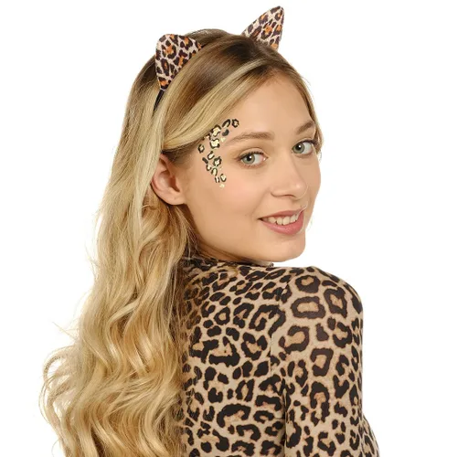Vista 4 de Funcredible Diadema de orejas de leopardo con tatuajes diadema de guepardo con tatuaje temporal accesorios de disfraz de Halloween para adultos