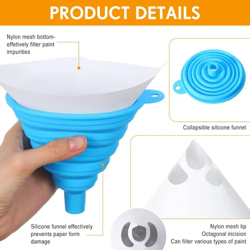 Vista 4 de Boao 50 paquetes de filtros de pintura de cono con puntas de filtro de 190 μm y 1 embudo de silicona, embudo de malla de nailon en forma de cono
