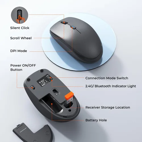Vista 7 de Combo de teclado y mouse inalámbricos, 2.4 G/Bluetooth silencioso de tamaño completo, mouse inalámbrico de tamaño completo, mouse óptico de 3800