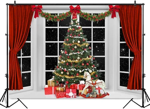Vista 2 de Mocsicka Fondo de fotografía de ventana interior de Navidad, árbol de Navidad, escenario de noche estrellada, fondo fotográfico, familia, niños