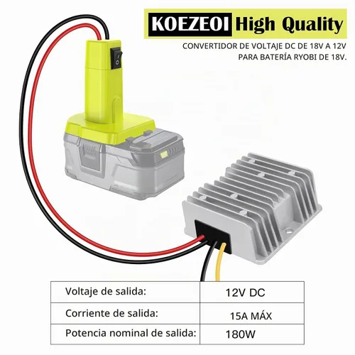 Vista 5 de Convertidor de reducción de 18V a 12V Adaptador para batería Ryobi 18V Convertidor de voltaje DC Regulador de voltaje 15A MAX 180W Convertidor Buck