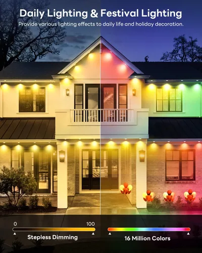 Vista 5 de Pak Luces exteriores permanentes, 50 pies de luces LED RGB+IC inteligentes para la casa - Luces de cornisa impermeables IP67 para Halloween, Navidad