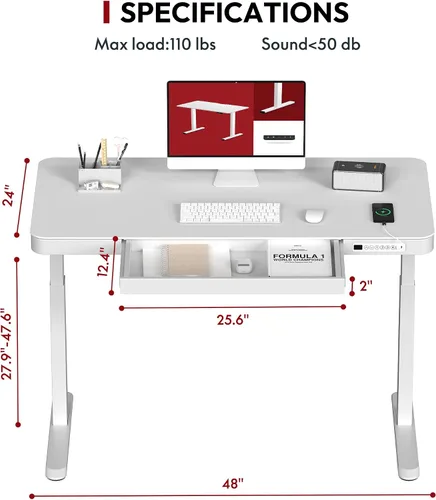 Vista 3 de SANODESK Escritorio eléctrico de una pieza ajustable en altura con cajón Blanco