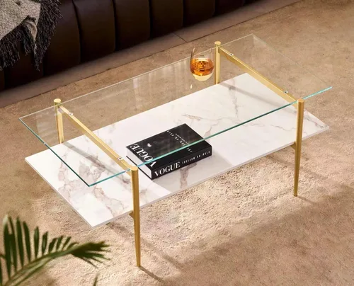 Vista 15 de Shrine - Mesa de café rectangular, diseño moderno de mediados de siglo, estructura de 2 niveles, parte superior de vidrio ámbar y estante de MDF