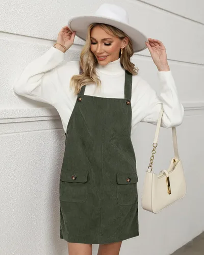 Vista 16 de luvamia Vestido de pana para mujer, tirantes ajustables, casual, a la moda, overoles cortos con bolsillos