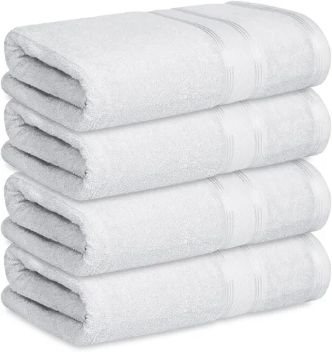 Vista 2 de Casa Lino Juego de 4 toallas de baño blancas (54 x 27 pulgadas) – Juego de toallas de baño grandes – Toallas de baño 100% algodón para baño