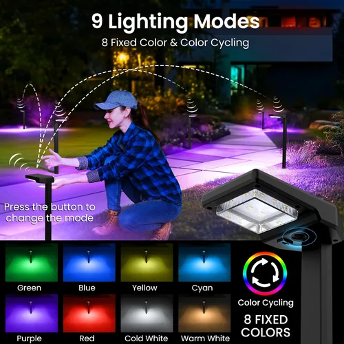 Vista 2 de Paquete de 6 luces solares inteligentes que cambian de color y sincronizan, luces solares impermeables para exteriores, 9 modos