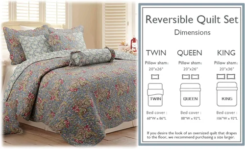 Vista 7 de Cozy Line Home Fashions Juego de ropa de cama acolchada reversible de 3 piezas, 100% algodón, rojo verde, estilo cottage floral francés campestre