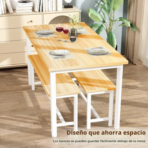 Vista 4 de DKLGG Juego de mesa de comedor para 4, mesa de cocina de 47.2 pulgadas con 2 bancos, juego de mesa de comedor de granja de 3 piezas, comedor que