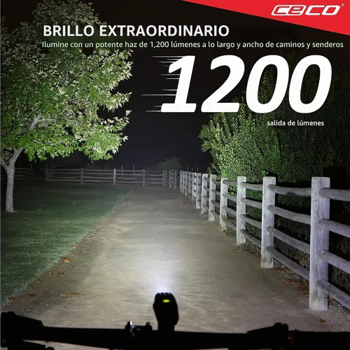 Vista 2 de CECO -Estados Unidos: Luz de bicicleta recargable USB de 1.200 lúmenes - Resistente y duradera IP67 impermeable y resistente a los impactos FL-1