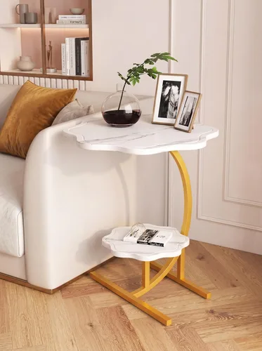 Vista 5 de Mesa auxiliar pequeña en forma de C con textura de mármol en forma de flor de 2 capas, mesa auxiliar para sofá, mesita de noche para sala de estar