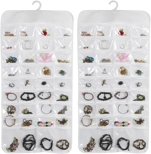 Vista 5 de Organizador de joyas colgante de doble cara con 72 bolsillos transparentes suaves para guardar joyas