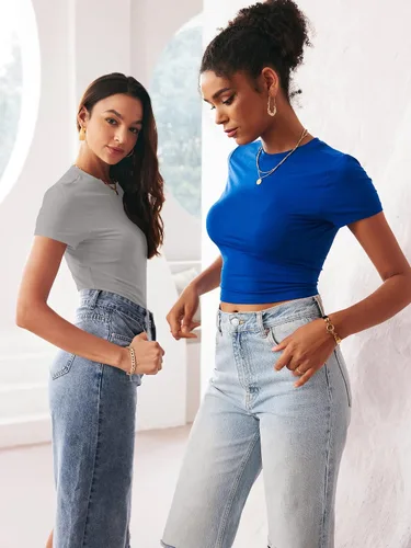 Vista 5 de TECREW Camiseta corta de verano para mujer, de manga corta, estilo casual, básica, cuello redondo, ajustada
