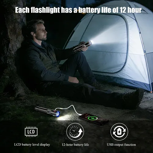 Vista 4 de Flashlights High Lumens Rechargeable 2 Pack Super Bright 100000 LM LED Flashlight with LCD Power Display, 3 Modes, Zoomable, IP67 Waterproof for