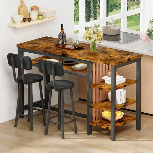 Vista 4 de DKLGG Juego de mesa de comedor para 2, juego de comedor rústico a altura de bar con almacenamiento y taburetes de mostrador, mesa de isla para Marrón