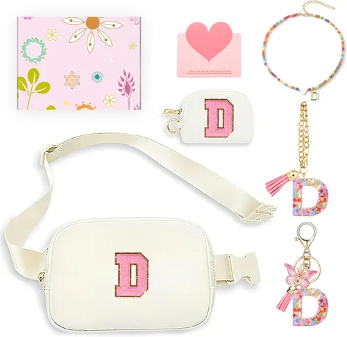 Vista 53 de Regalos de moda para niñas adolescentes, cangurera con monograma para niña con llavero, collar, dijes de taza, tarjeta de felicitación y caja