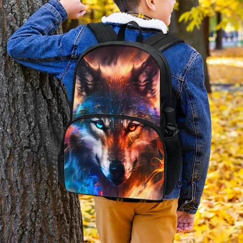 Vista 4 de Mochila genial para niños, mochila de lobo, mochila negra grande de 17 pulgadas, perfecta para 6 a 14 años, Fire and Ice
