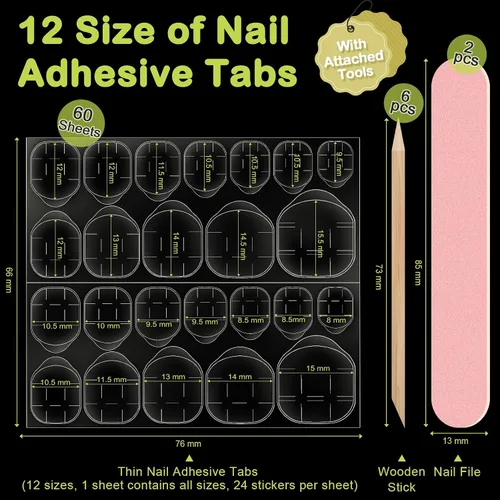 Vista 5 de 1440 piezas de 60 hojas adhesivas de uñas para uñas a presión, impermeables, transpirables, pestañas adhesivas de gelatina para uñas de doble cara