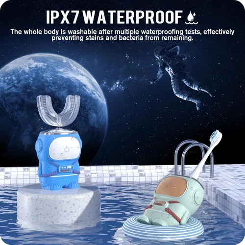 Vista 6 de RexCodar Cepillo de dientes eléctrico ultrasónico en forma de U para niños, IPX7 impermeable, cinco modos de limpieza, astronauta de dibujos