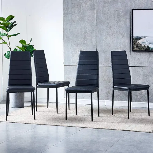 Vista 3 de Juego de 4 mesas de comedor y sillas negras modernas de 5 piezas para cocina pequeña, mesa rectangular de vidrio templado y 4 sillas de piel