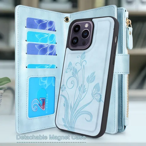 Vista 2 de Funda compatible con iPhone 14 Pro Max de 6.7 pulgadas [ranuras para tarjetas] Funda de piel con bolsillo con cremallera y correa para la muñeca