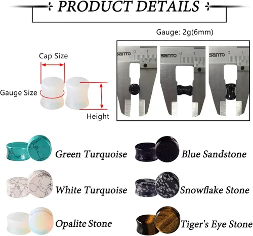 Vista 18 de Qmcandy - Juego de 6 pares / 16 pares de dilatadores para las orejas, de piedra mixta, expansores, conjunto de perforación corporal calibre 8G a 3/4