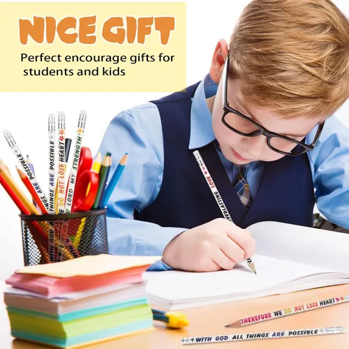 Vista 4 de Sinmoe 100 lápices de versículos bíblicos coloridos religiosos cristianos, inspiradores, regalos bíblicos inspiradores para niños, escuela, oficina