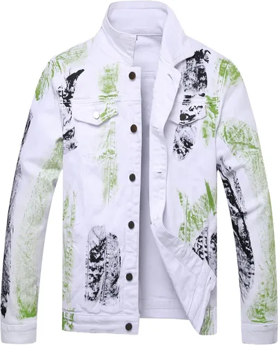 Vista 19 de LAMKUKU Chaqueta de mezclilla para hombre rasgada ajustada, abrigo de chaqueta vaquera para hombres