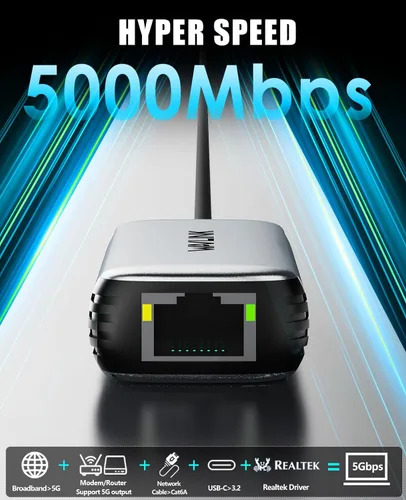 Vista 5 de WAVLINK Adaptador USB C a Ethernet de 5 Gbps, convertidor de red USB-C a RJ45 de 5000 Mbps, carcasa de aluminio para Windows, Mac OS, iPad OS y más
