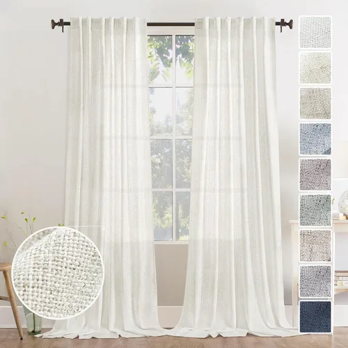 Vista 60 de Cortinas de Lino Natural Color Crema de 84 Pulgadas de Largo para Sala de Estar, Juego de 2 Paneles de Lino Texturizado con Trabillas Traseras