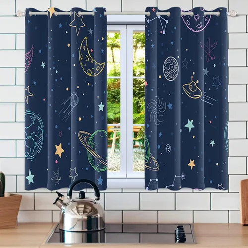 Vista 18 de Cortinas opacas de color azul marino para dormitorio de 84 pulgadas de largo con diseño de universo de dibujos animados, planeta, sala de estar