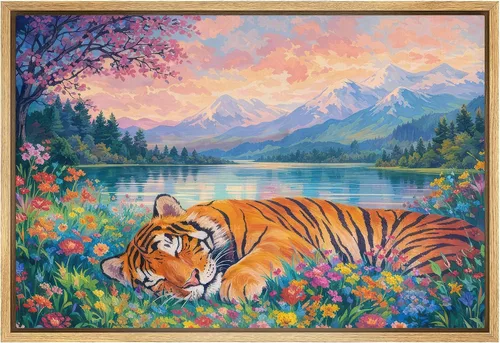 Vista 50 de SIGNWIN Lienzo Enmarcado Impresión Arte de Pared Decoración de Habitación Preppy Guepardo Africano Gato Fondo Verde Naturaleza Silvestre Dibujos