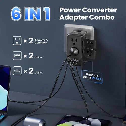 Vista 4 de Convertidor de voltaje de 2000 W, 220 V a 110 V con 2 tomas de CA, 2 puertos USB C y 2 puertos USB A Negro mate (matt black)