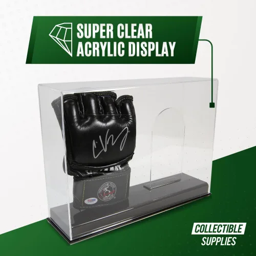 Vista 6 de Vitrina doble de lujo para guantes de MMA Estuche de exhibición de guantes de lucha con base resistente y soporte Protección UV acrílico