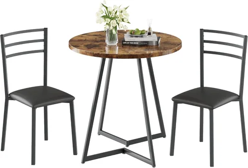 Vista 8 de VECELO Mesa de cocina redonda pequeña con 2 sillas tapizadas, juegos de comedor de madera de 3 piezas con marco de acero para rincón de desayuno