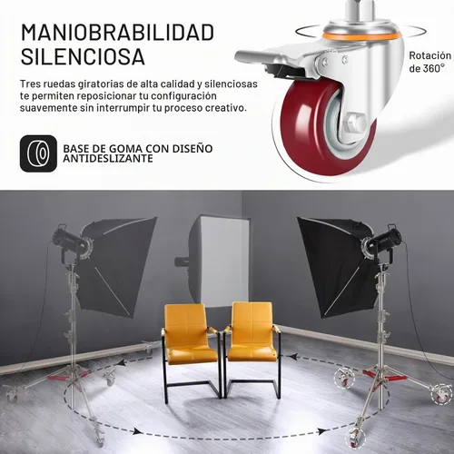 Vista 7 de NEEWER Soporte de Luz de Acero Inoxidable Resistente con Ruedas, Receptor Junior de 1-1/8", Espiga Baby con Resorte de 5/8", Carga Máxima 77lb