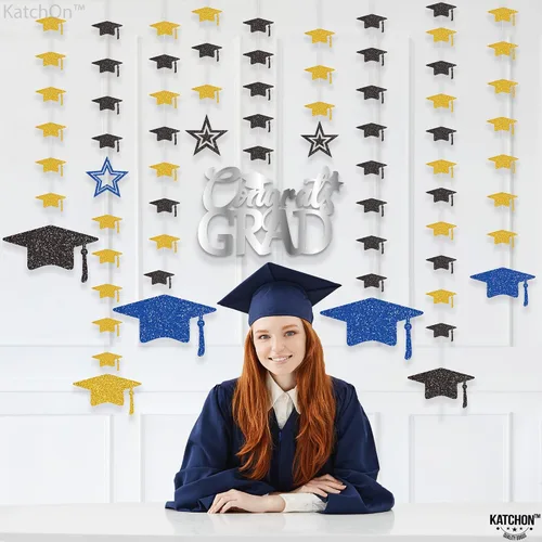 Vista 8 de KatchOn, Guirnalda de gorra de graduación con purpurina, 12 cuerdas, sin bricolaje, decoraciones de graduación azules y doradas 2025, decoraciones