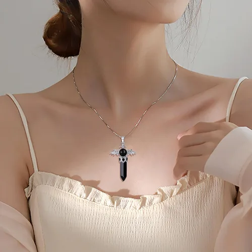 Vista 5 de Collar de cristal curativo para mujer, collar con dije de alas de ángel, piedras natales, piedras preciosas para mujeres y hombres, colgante de cruz