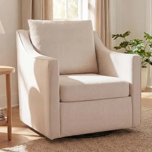 Vista 10 de ANJ Silla giratoria decorativa, silla de barril de terciopelo para sala de estar, cómodo sillón moderno, completamente montado (beige)