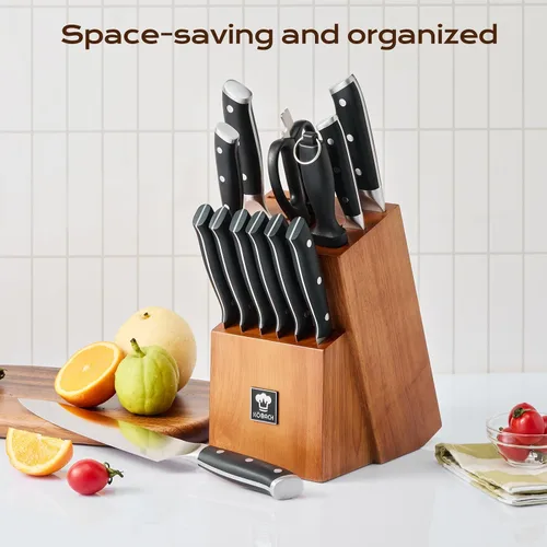 Vista 5 de Juego de 14 piezas de cuchillos con bloque de madera de roble, juego de cuchillos de cocina de acero inoxidable de alto carbono con cuchillo