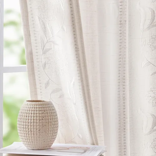 Vista 21 de jinchan Cortinas de lino floral marfil para sala de estar 84" pestaña